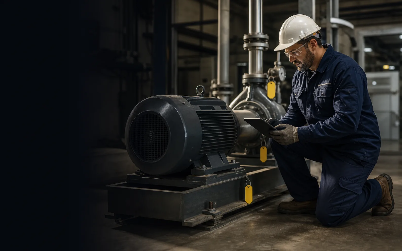 Maintenance technician using a rugged tablet beside an industrial motor and pump