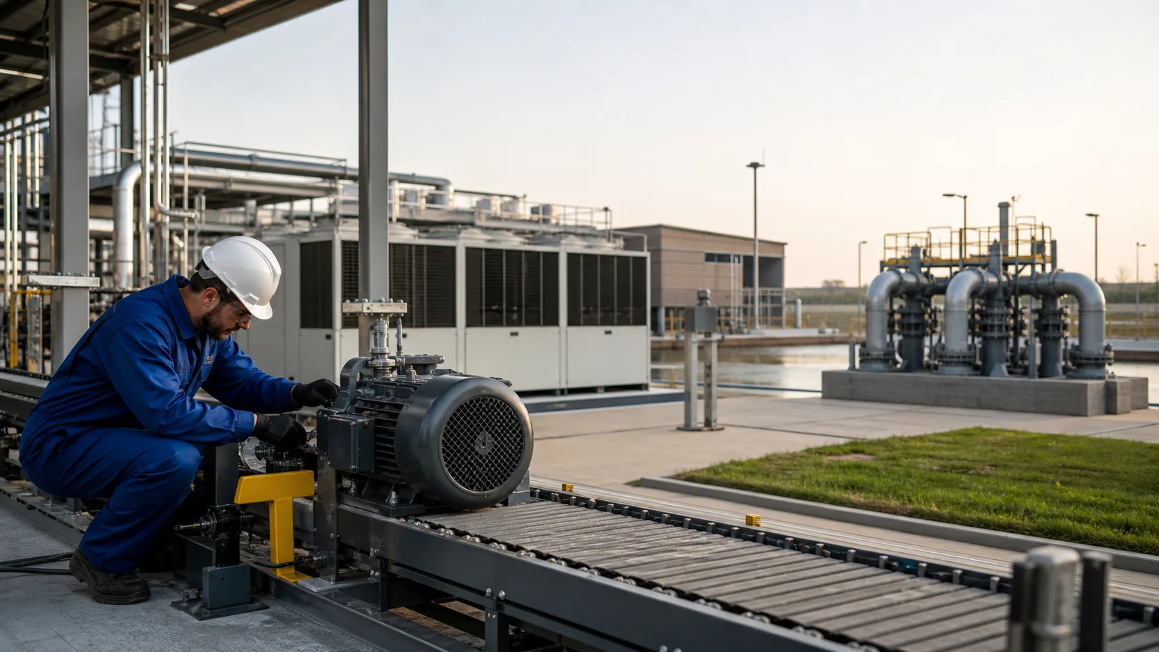 Technician maintaining motors, air handling equipment and pump infrastructure across an industrial campus