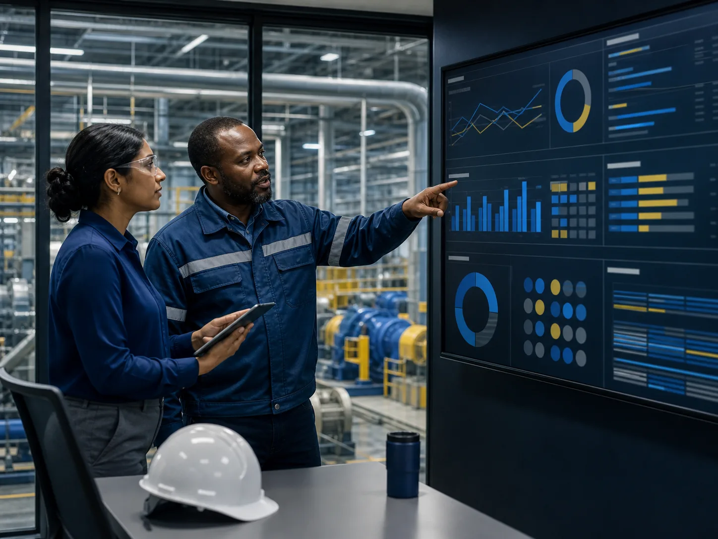 Reliability engineer and maintenance supervisor reviewing operational charts in a factory control room